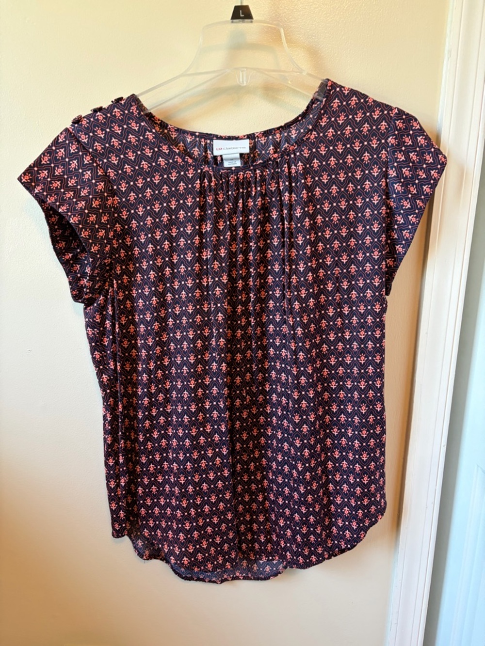 Liz Claiborne Navy and Pink Short Sleeve Printed Blouse